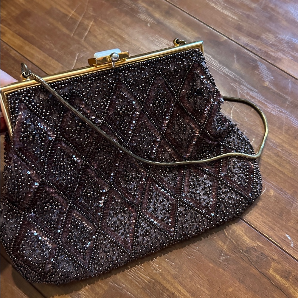 Beaded Evening Clutch with Gold Frame - Brown